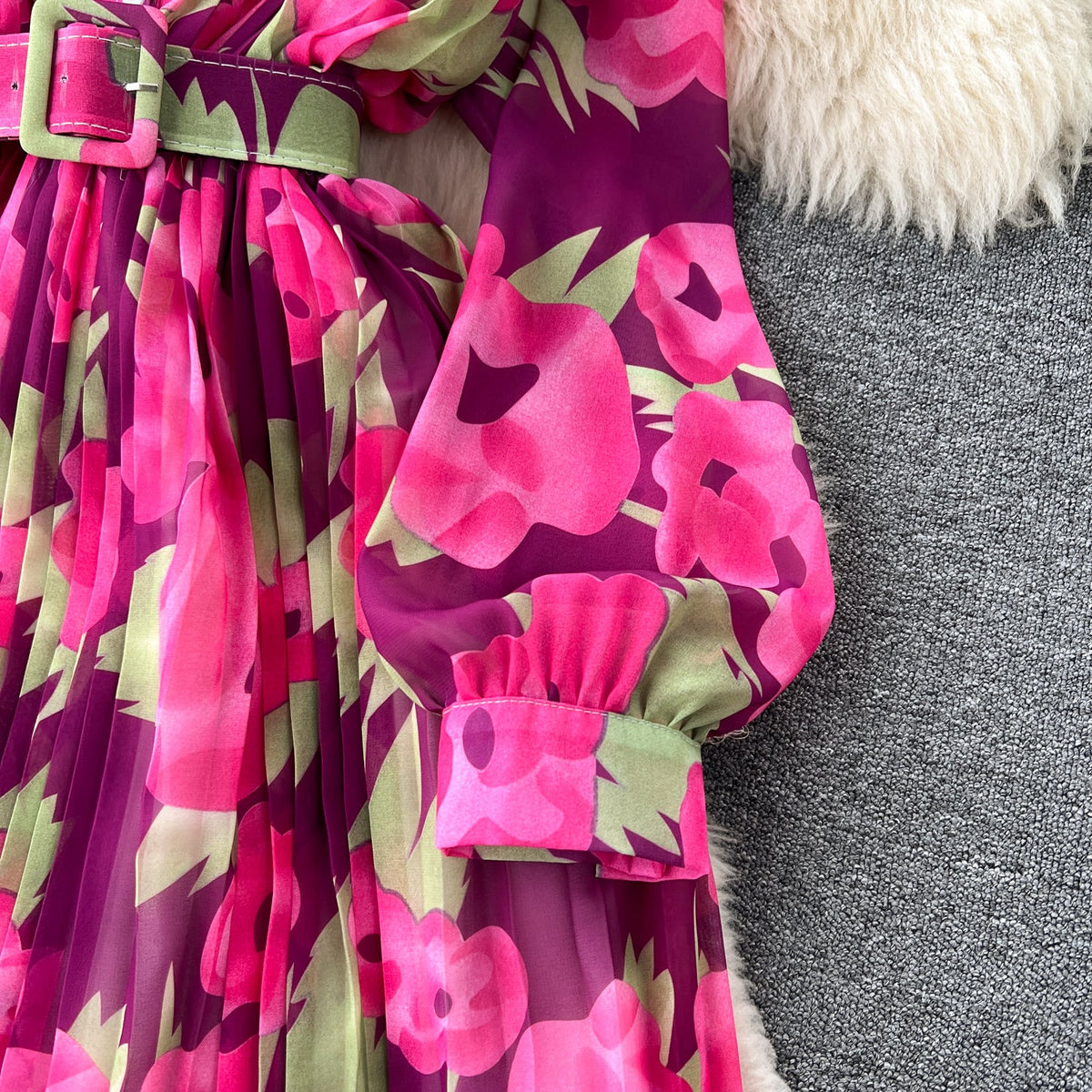 Pleated Floral Printed Shirt Dress