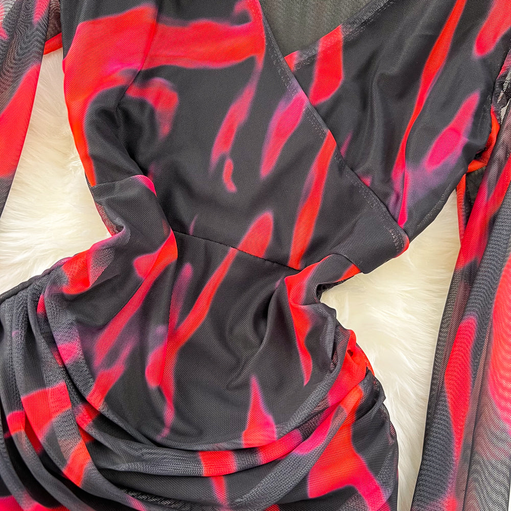 V-neck Floral Printed Mesh Dress