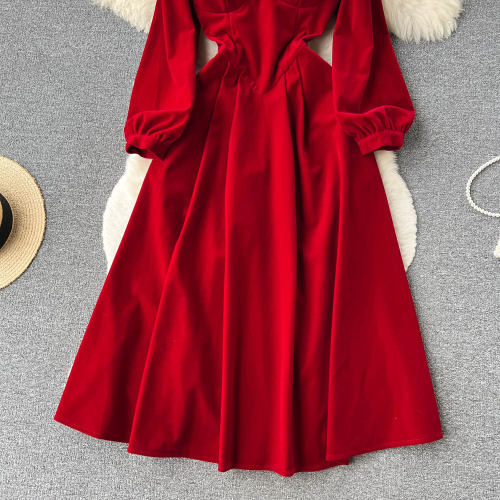 Square Collar Solid Suede Dress