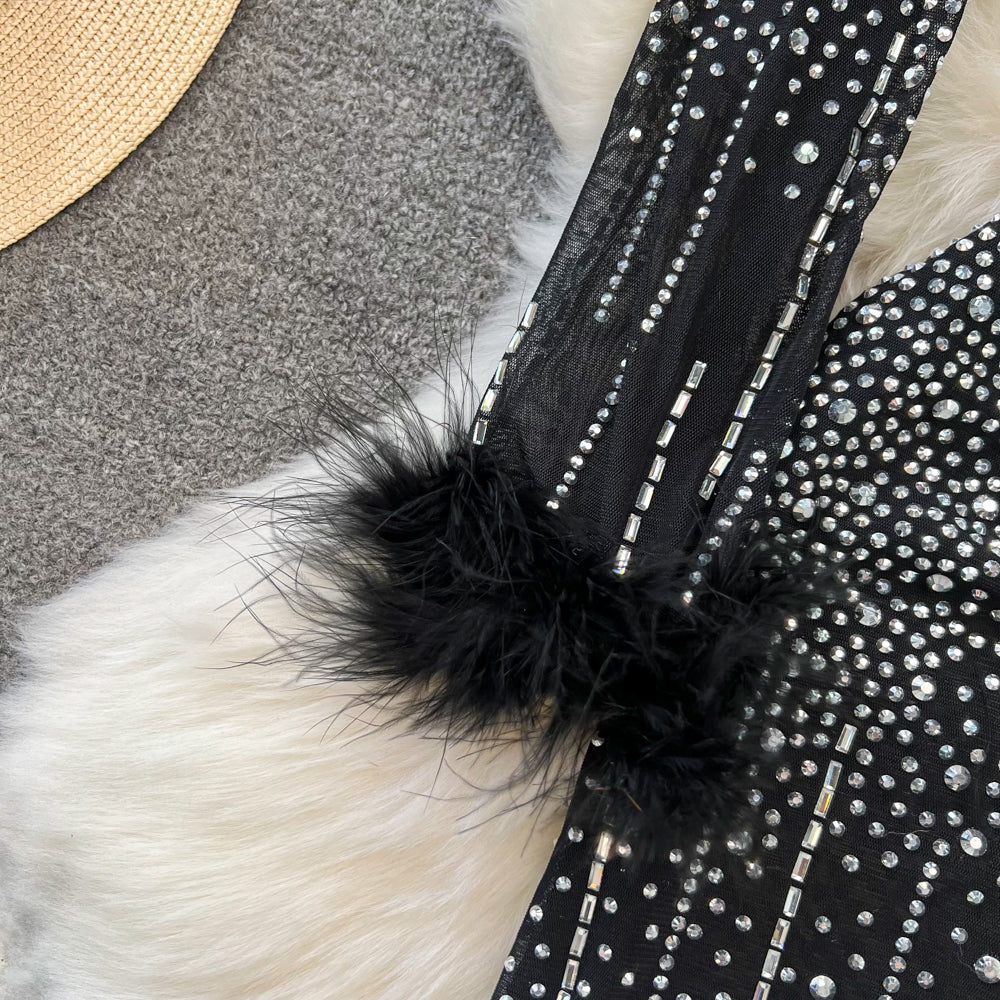 Crew Neck Rhinestone Studded Mesh Dress