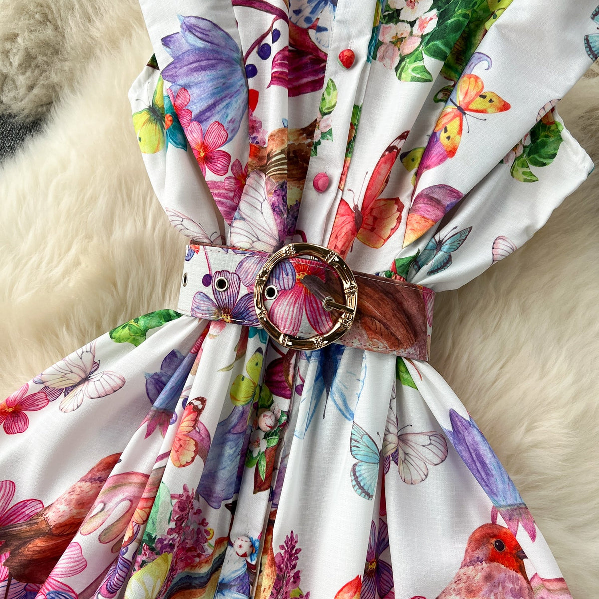 French Style Floral Sleeveless Shirt Dress