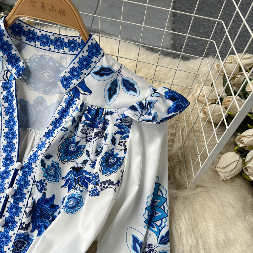V-neck Puff Sleeve Printed Dress