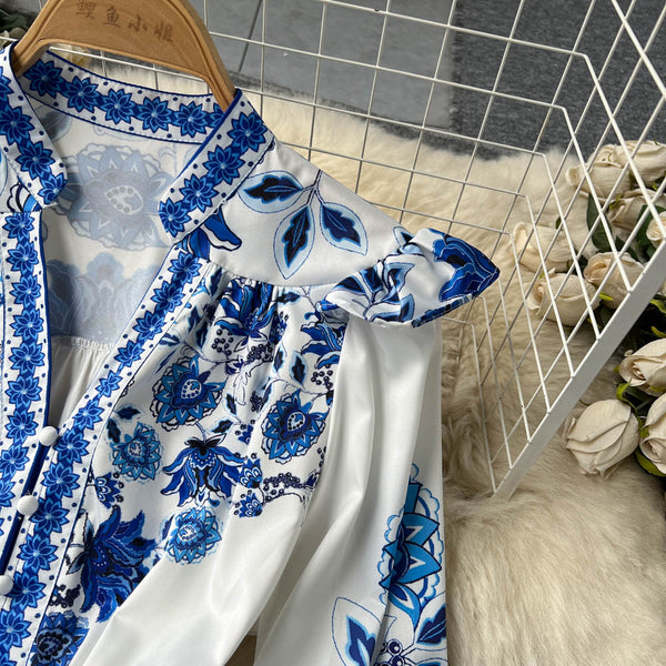 V-neck Puff Sleeve Printed Dress