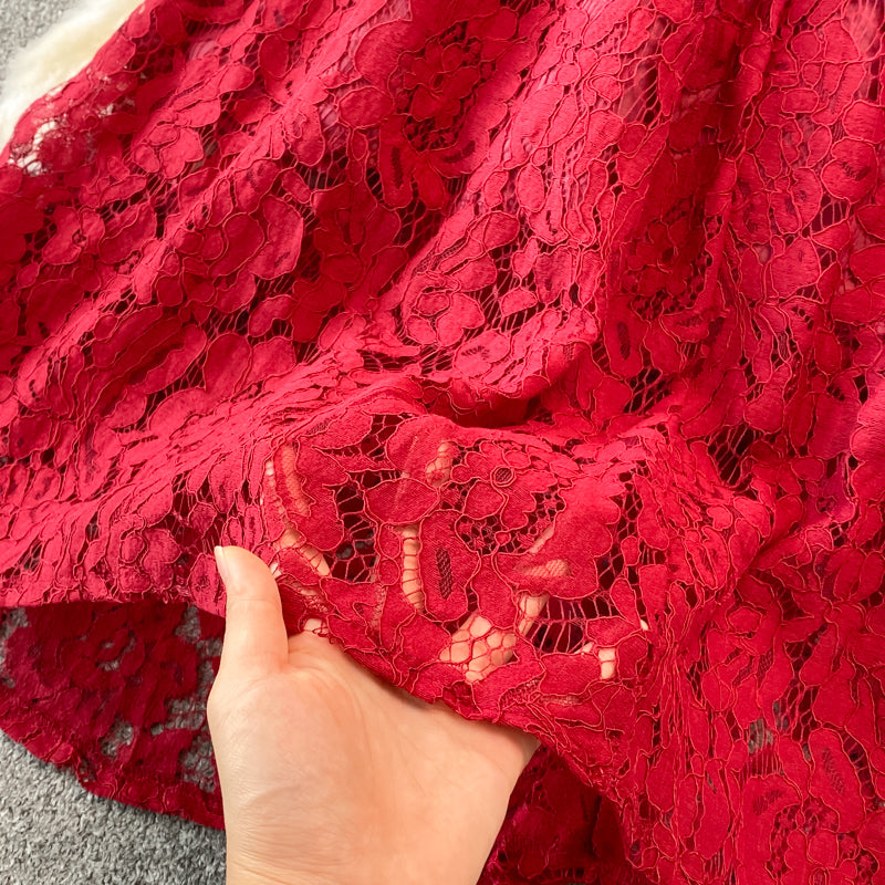 V-neck Floral Embroidered Lace Dress