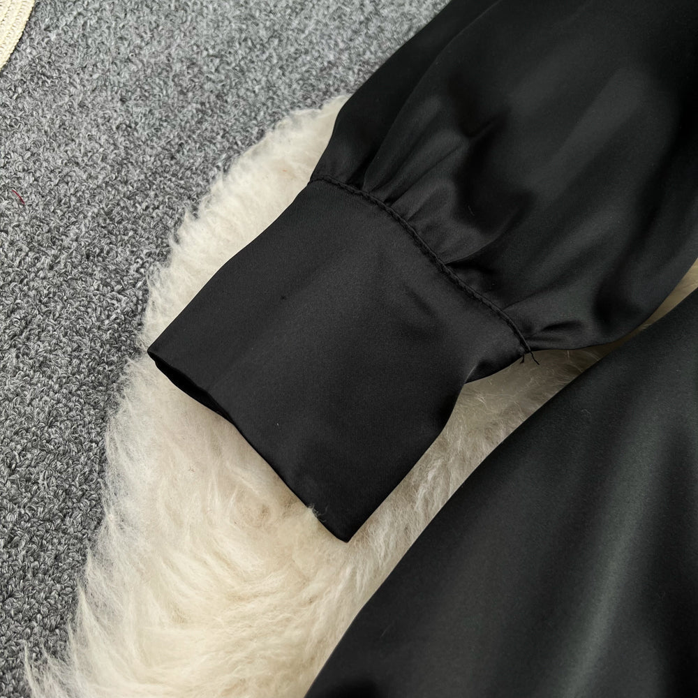 Acetate Satin V-neck Pleated Black Dress