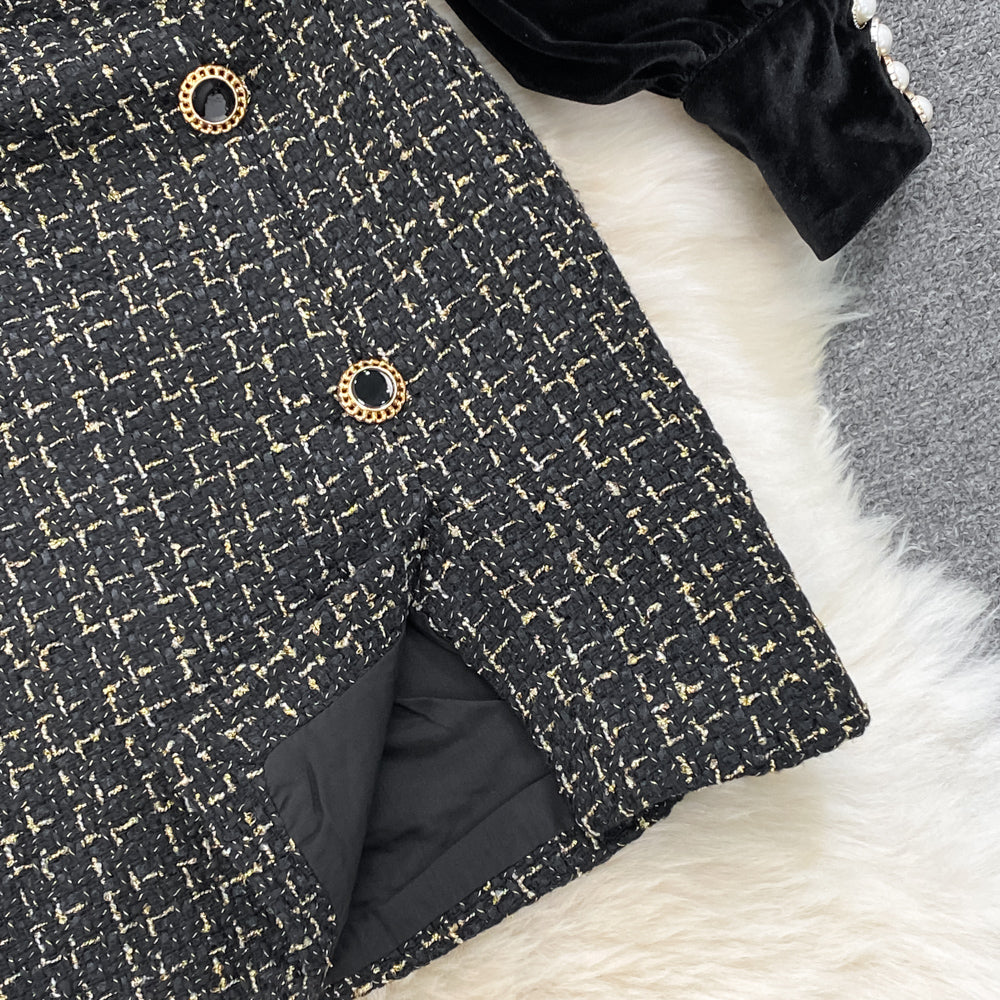 Gold Velvet Patchwork Tweed A-line Dress