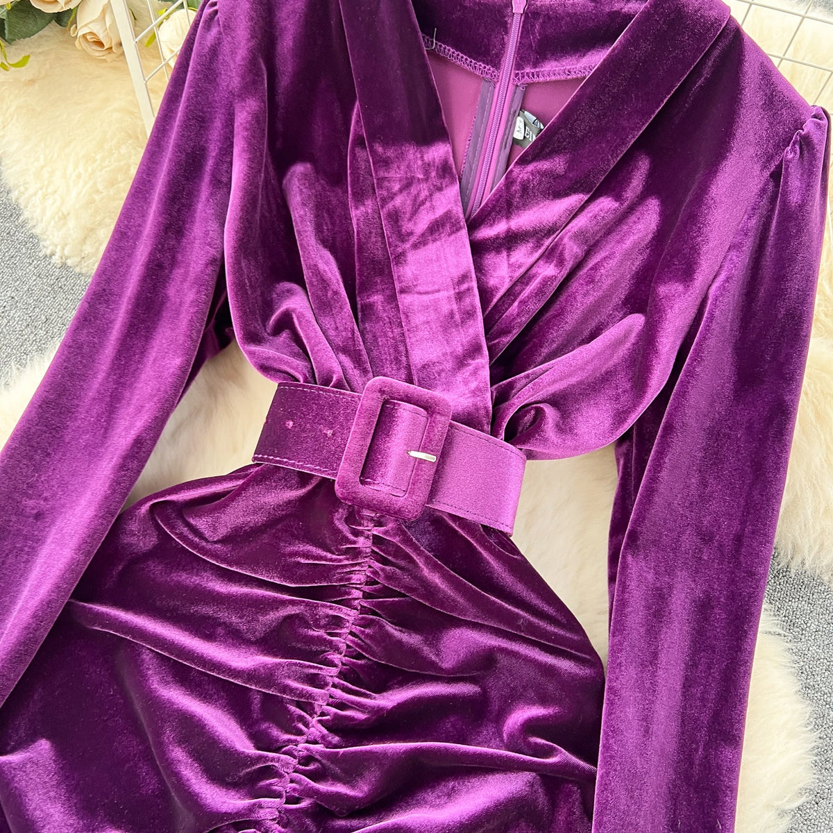 V-neck Slim-fitting Suede Split Dress