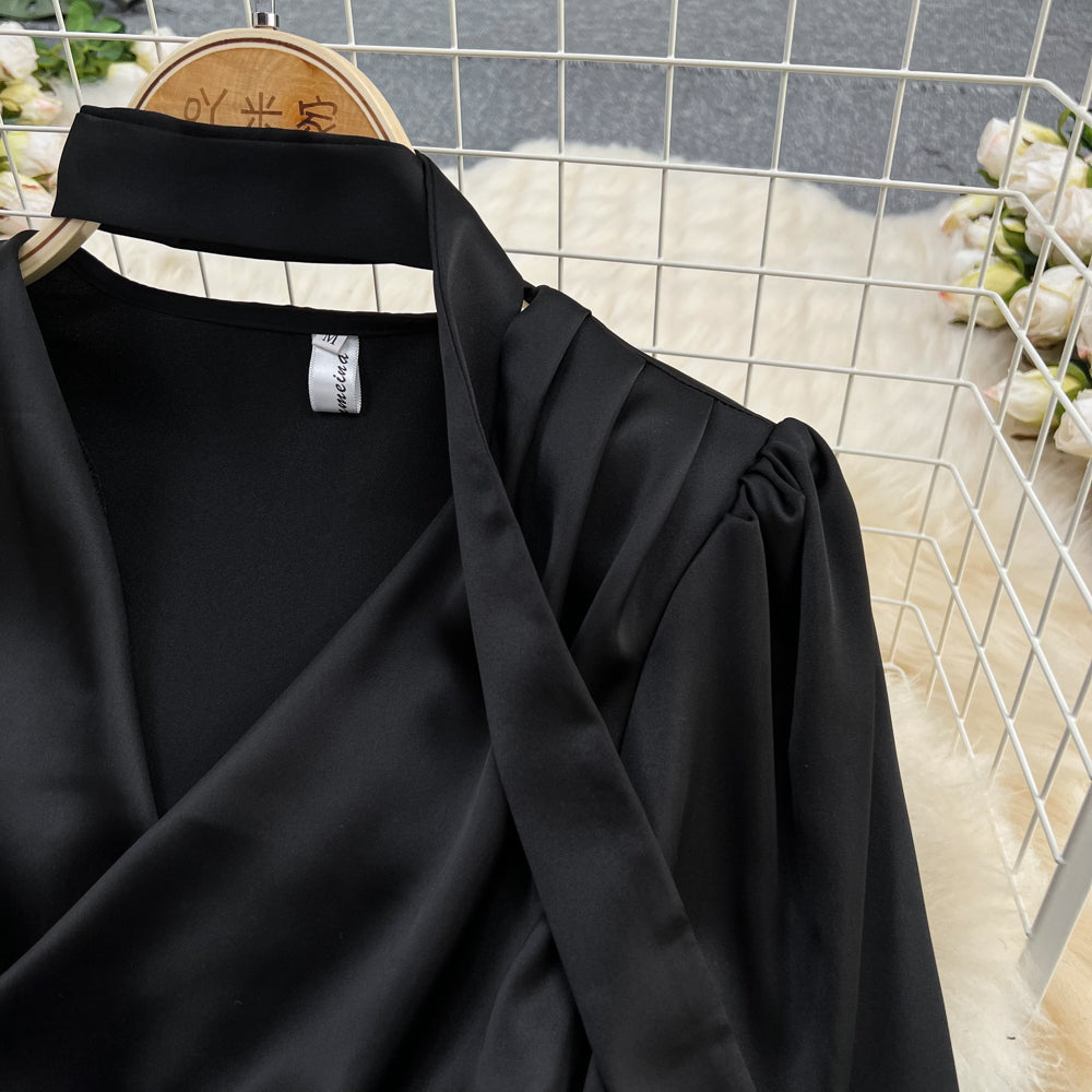 Acetate Satin V-neck Pleated Black Dress