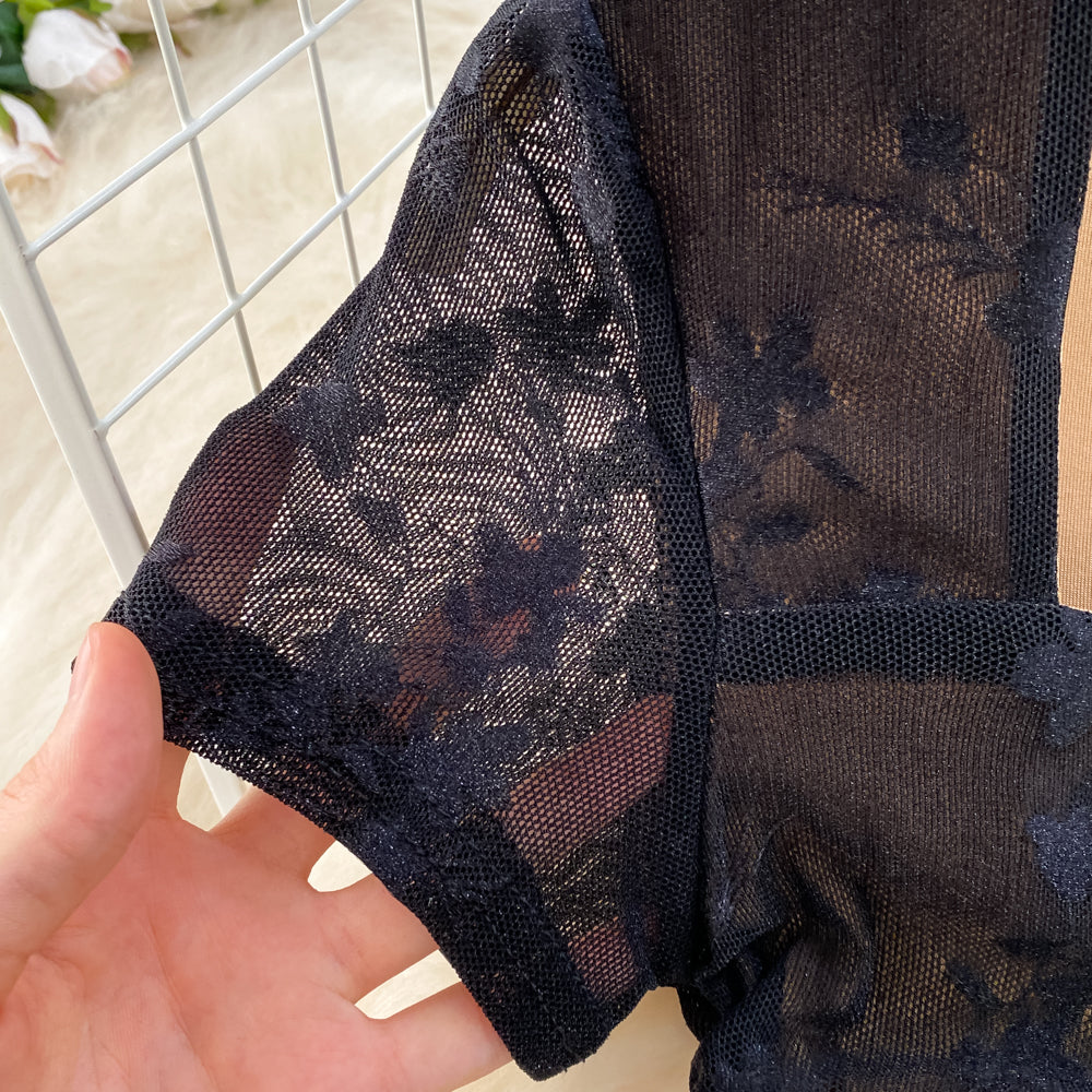 Square Collar Lace Patchwork Black Dress