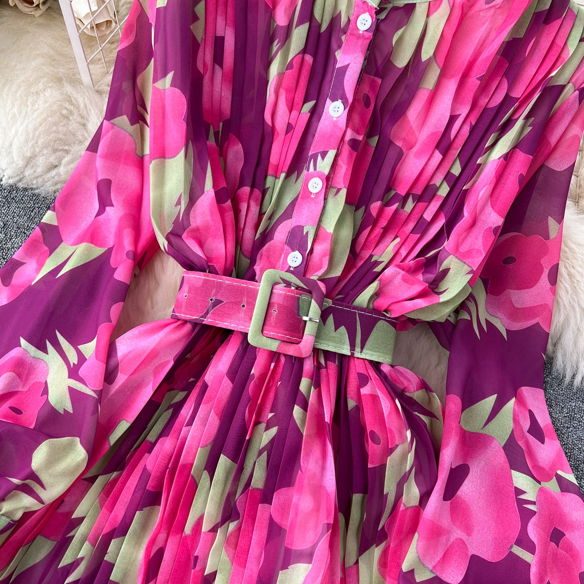 Pleated Floral Printed Shirt Dress