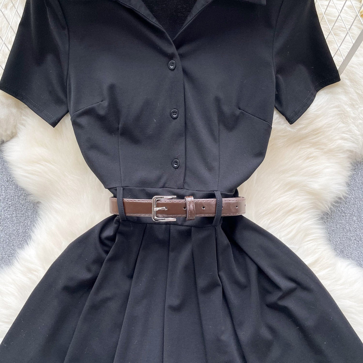 Polo Collar Pleated Black Shirt Dress