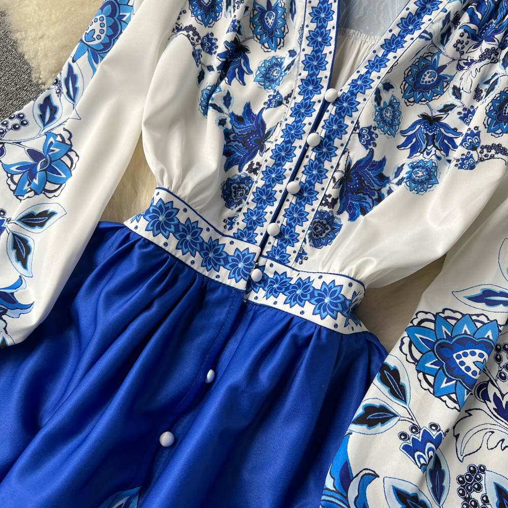 V-neck Puff Sleeve Printed Dress