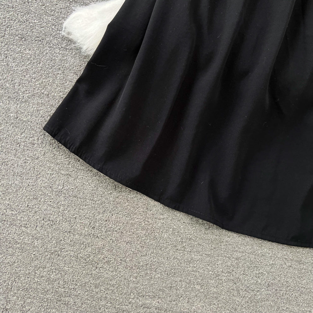 Elegant Slant Collar Pleated Black Dress