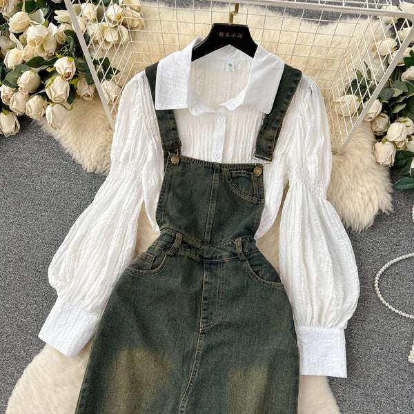 Strappy Denim Dress&White Shirt 2Pcs