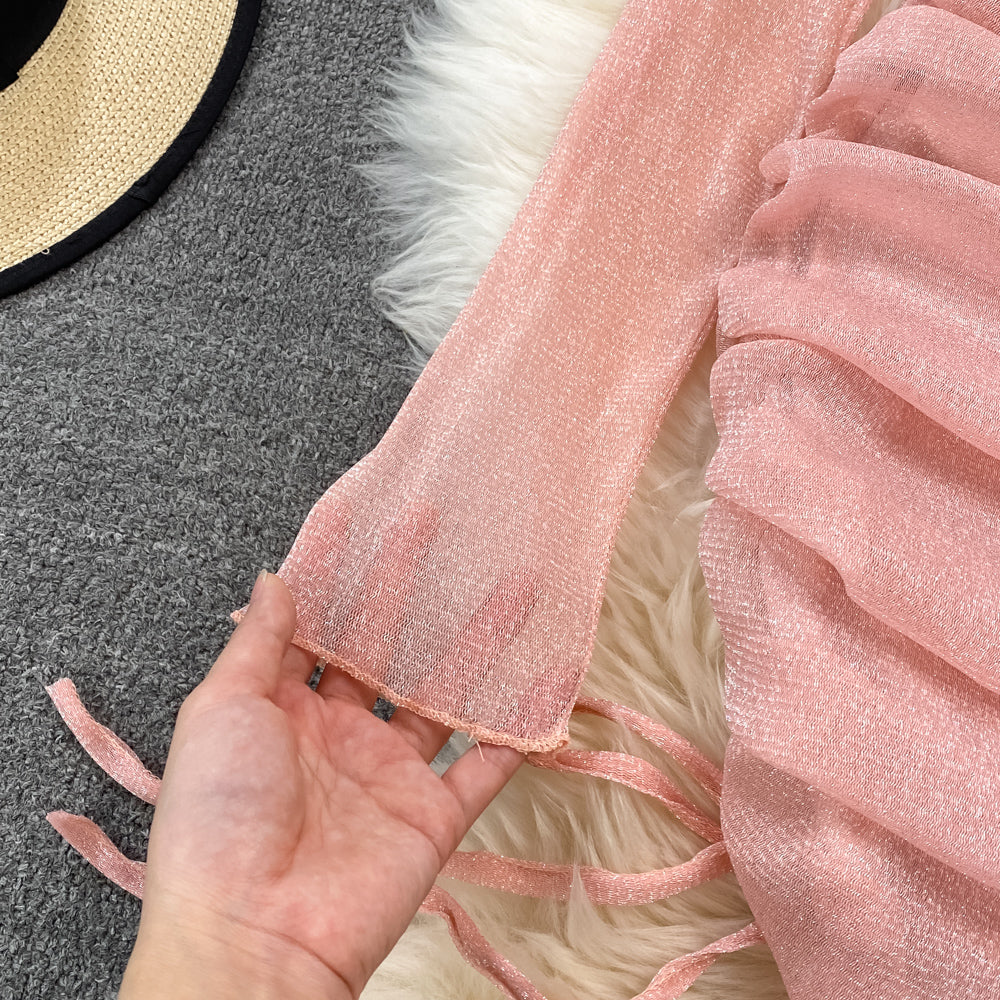 Off-shoulder Ruffled Drawstring Mesh Dress