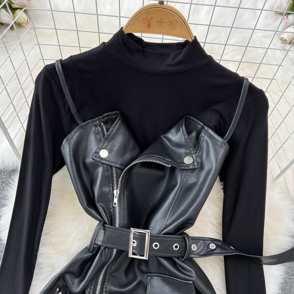 PU Slip Dress&Black Sweater 2Pcs