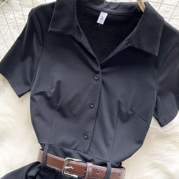 Polo Collar Pleated Black Shirt Dress