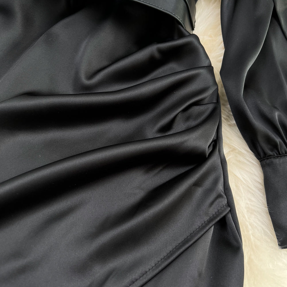 Acetate Satin V-neck Pleated Black Dress