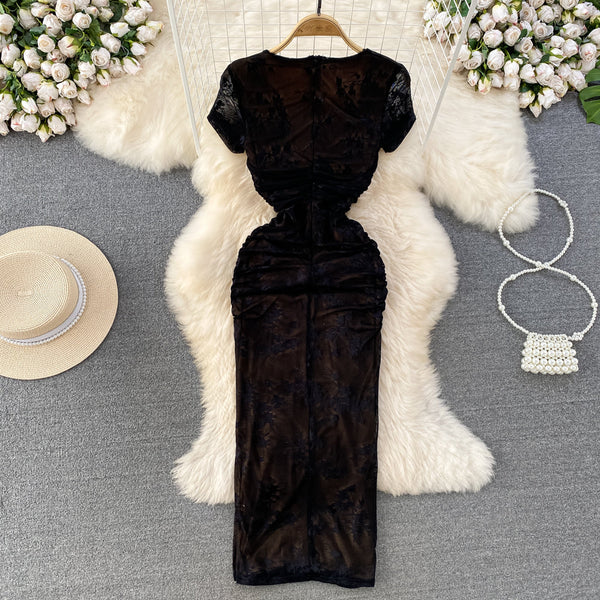 Square Collar Lace Patchwork Black Dress