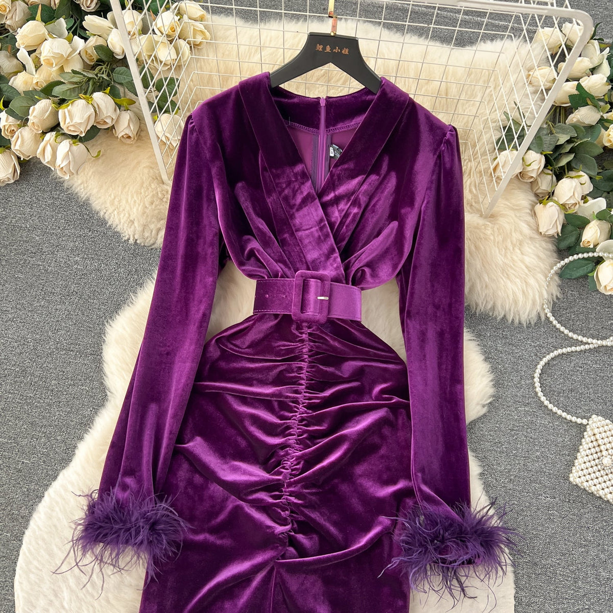 V-neck Slim-fitting Suede Split Dress