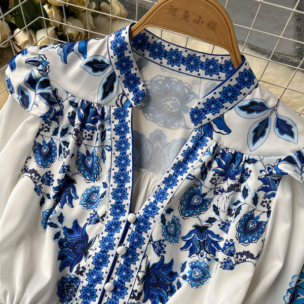 V-neck Puff Sleeve Printed Dress