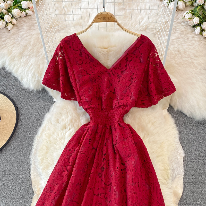 V-neck Floral Embroidered Lace Dress