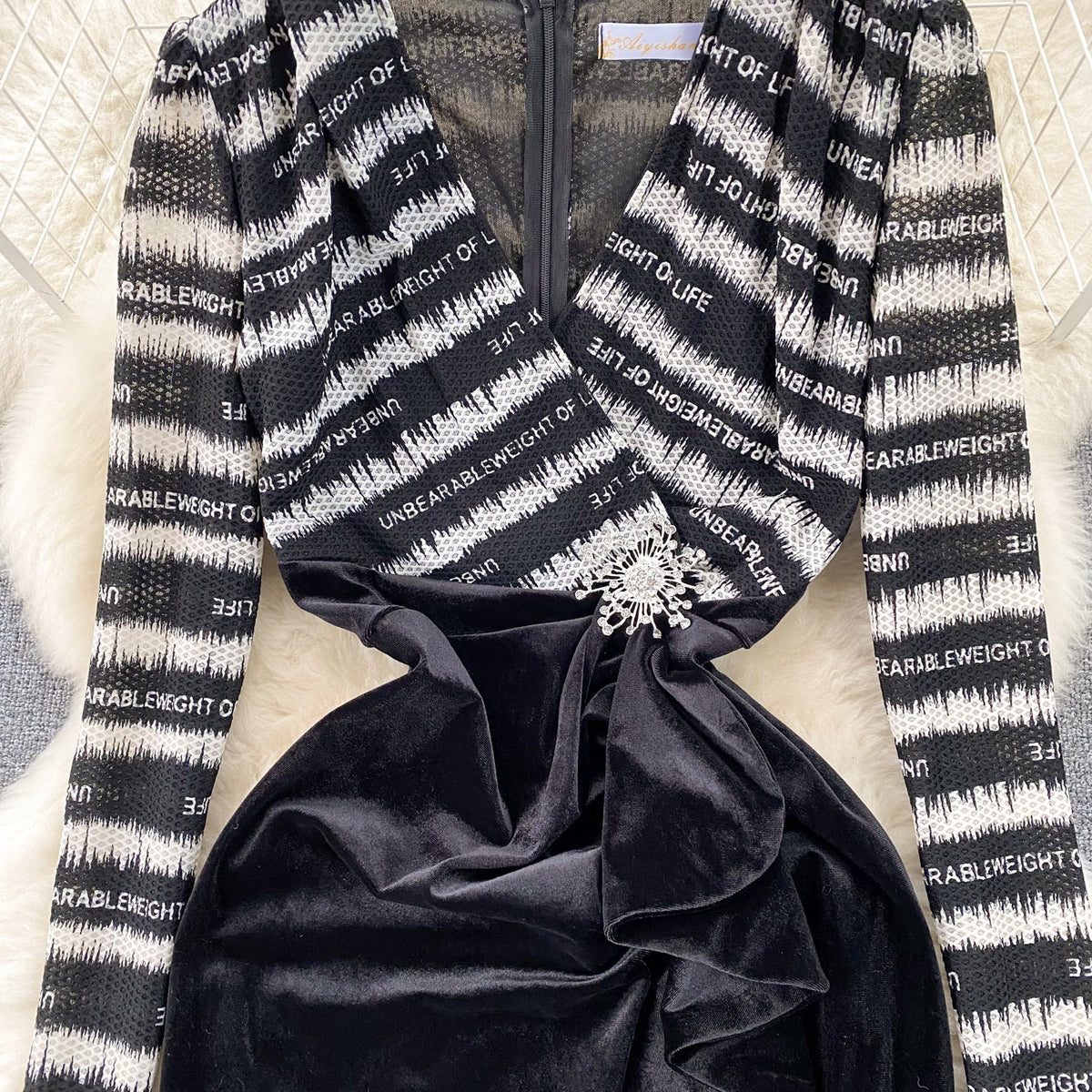 Mesh Patchwork Suede Split Black Dress