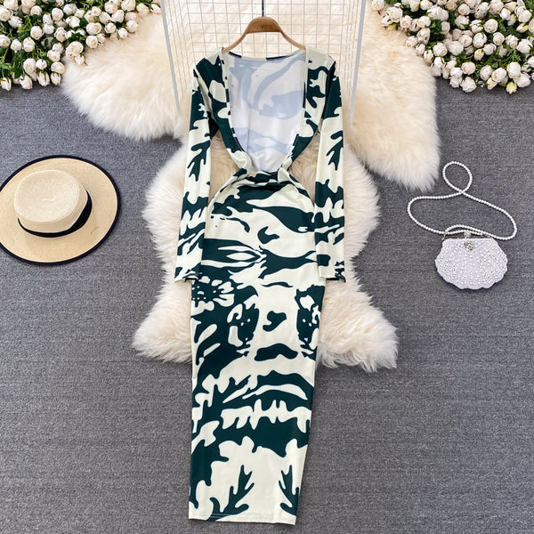 Backless Stretchy Long-sleeve Printed Dress