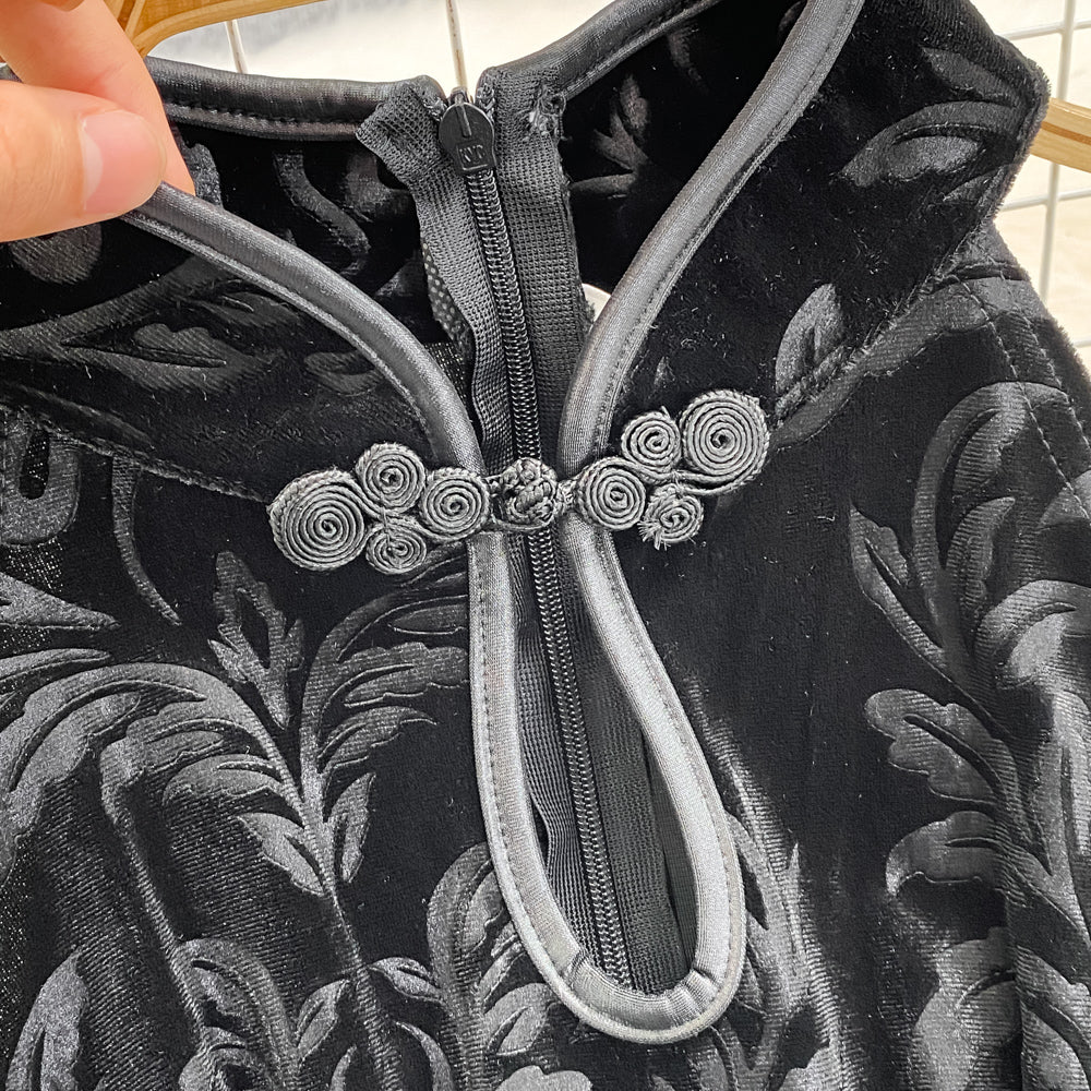 Hollowed Black Suede Cheongsam Dress