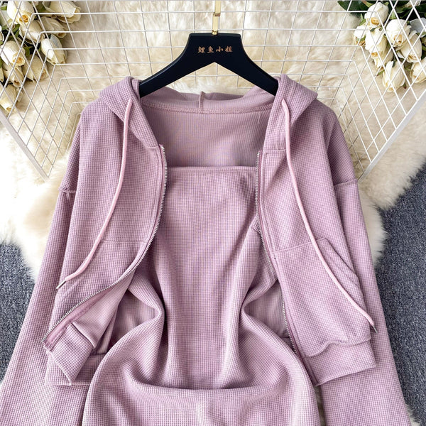 Slip Dress&Lace-up Hoodie 2Pcs