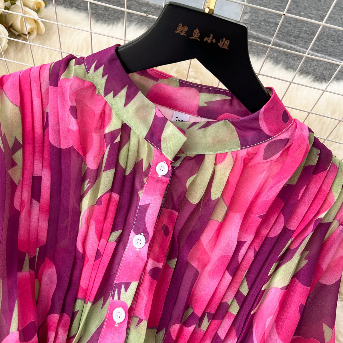 Pleated Floral Printed Shirt Dress