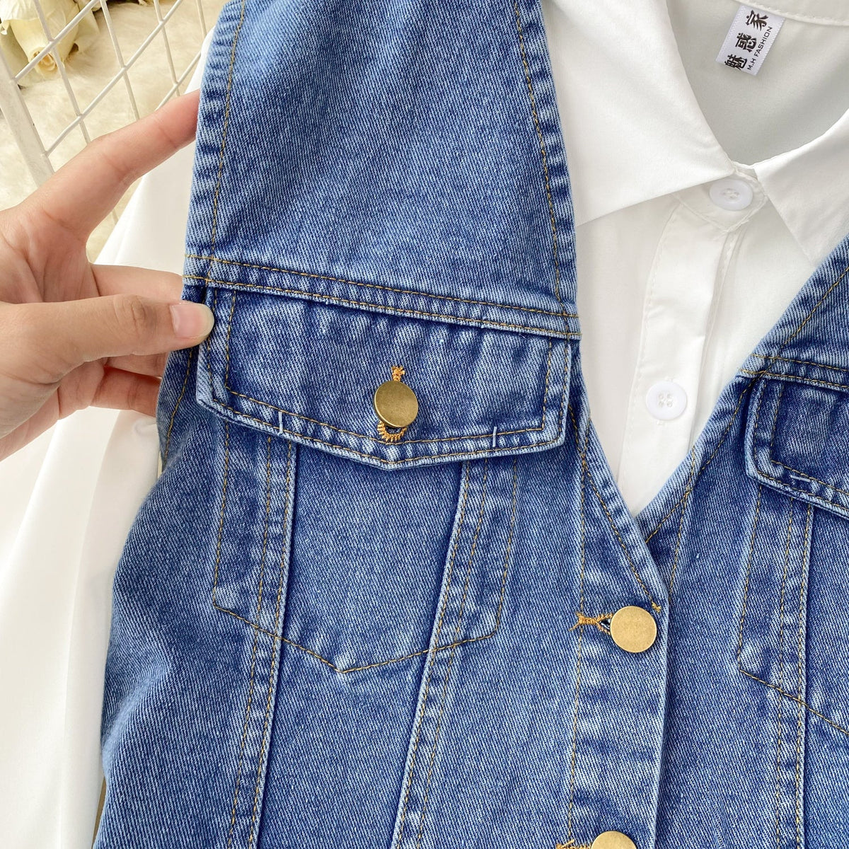 Denim Vest&White Shirt Dress 2Pcs