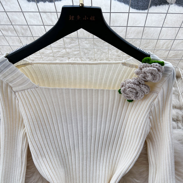 3d Floral Pit-stripe Stretchy Knitted Dress