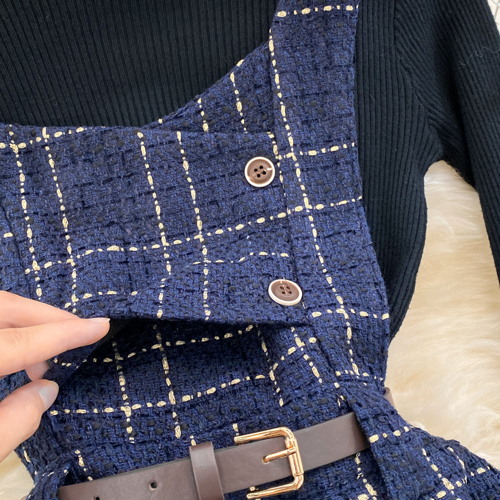 Bottoming Sweater&Plaid Tweed Dress 2Pcs