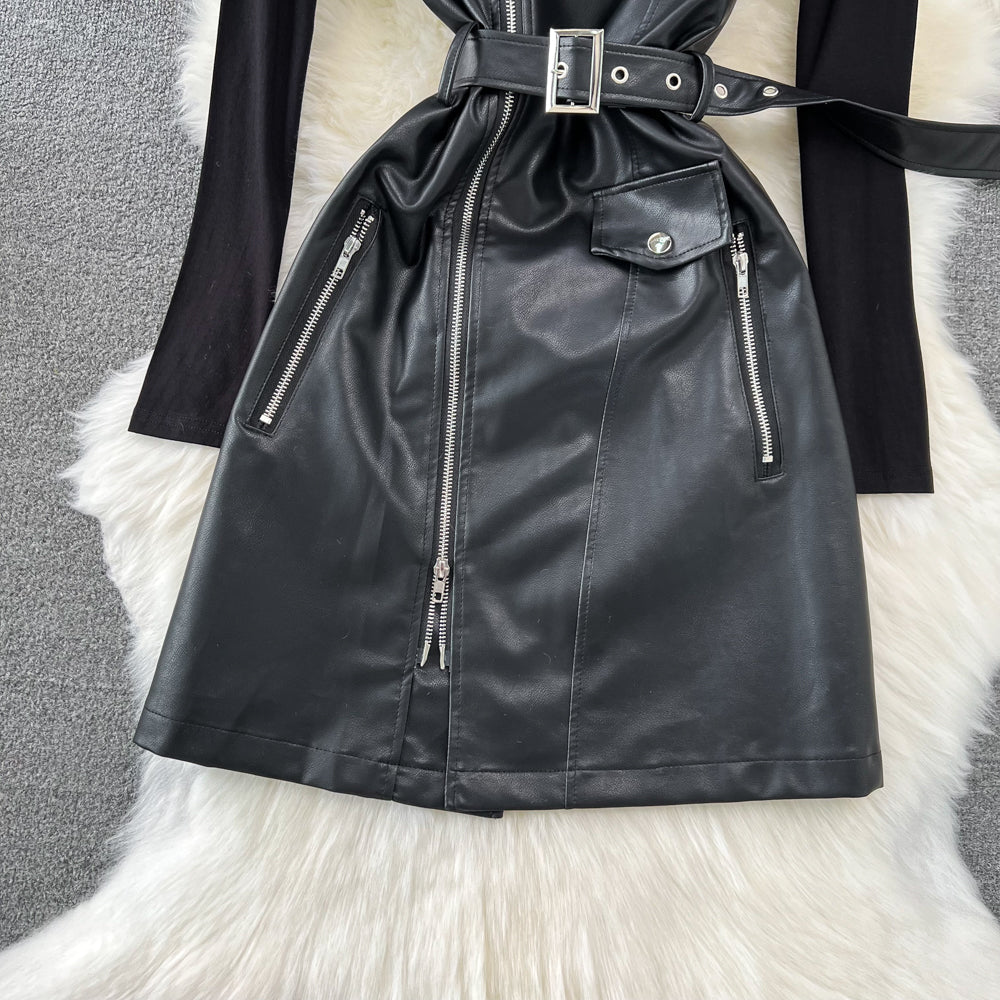 PU Slip Dress&Black Sweater 2Pcs