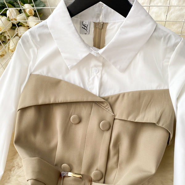Faux Two-pieces Patchwork Shirt Dress