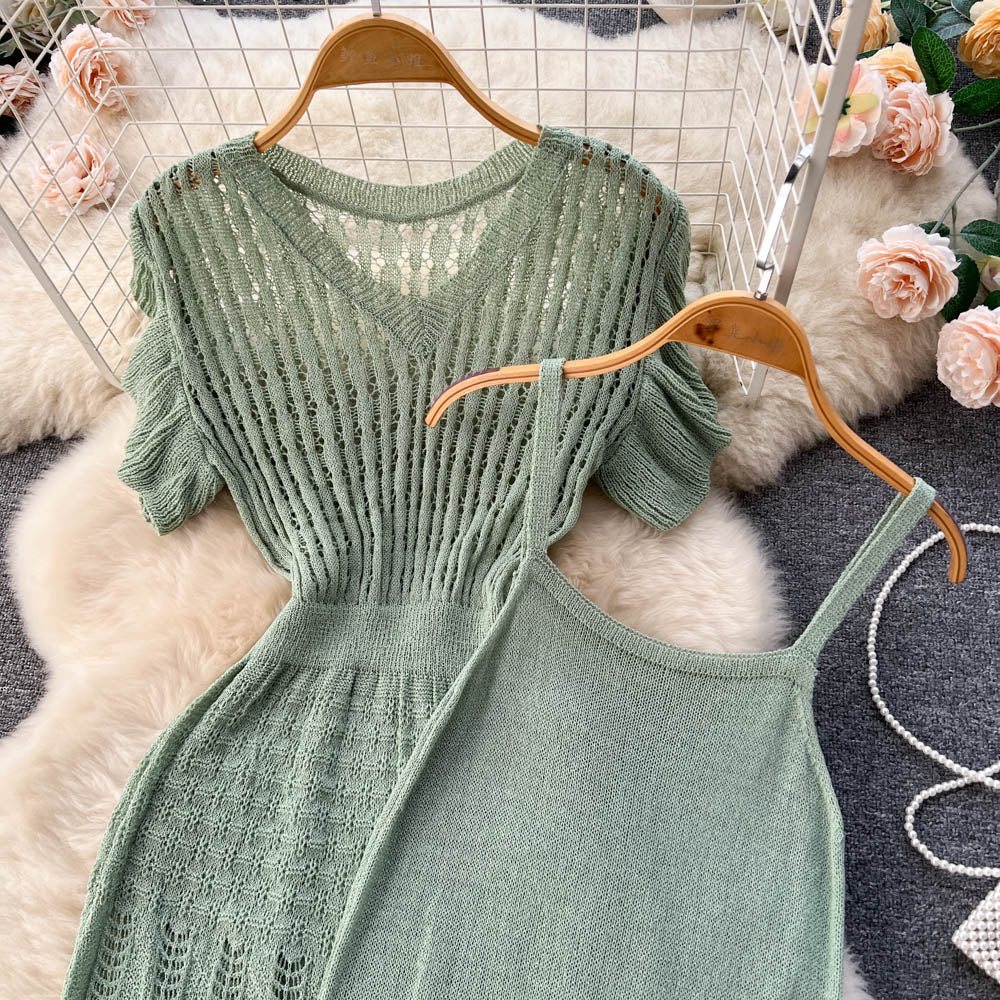 Solid Color V-neck A-line Dress