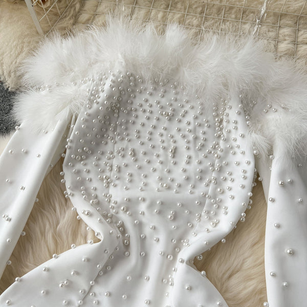Furry Off-shoulder Beaded Party Dress
