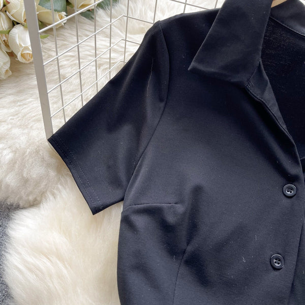 Polo Collar Pleated Black Shirt Dress