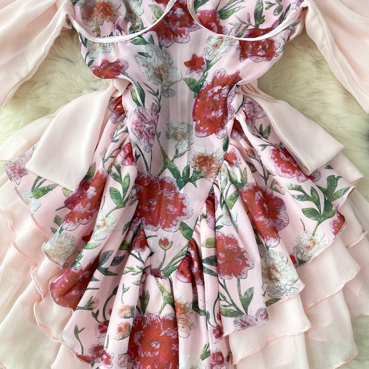 Strapless Ruffle Layered Floral Dress