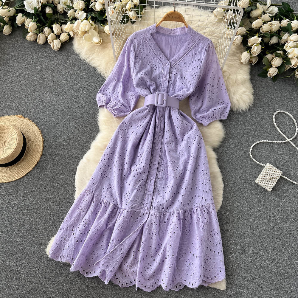 Frock With Hollow V-neck And Bubble Sleeves