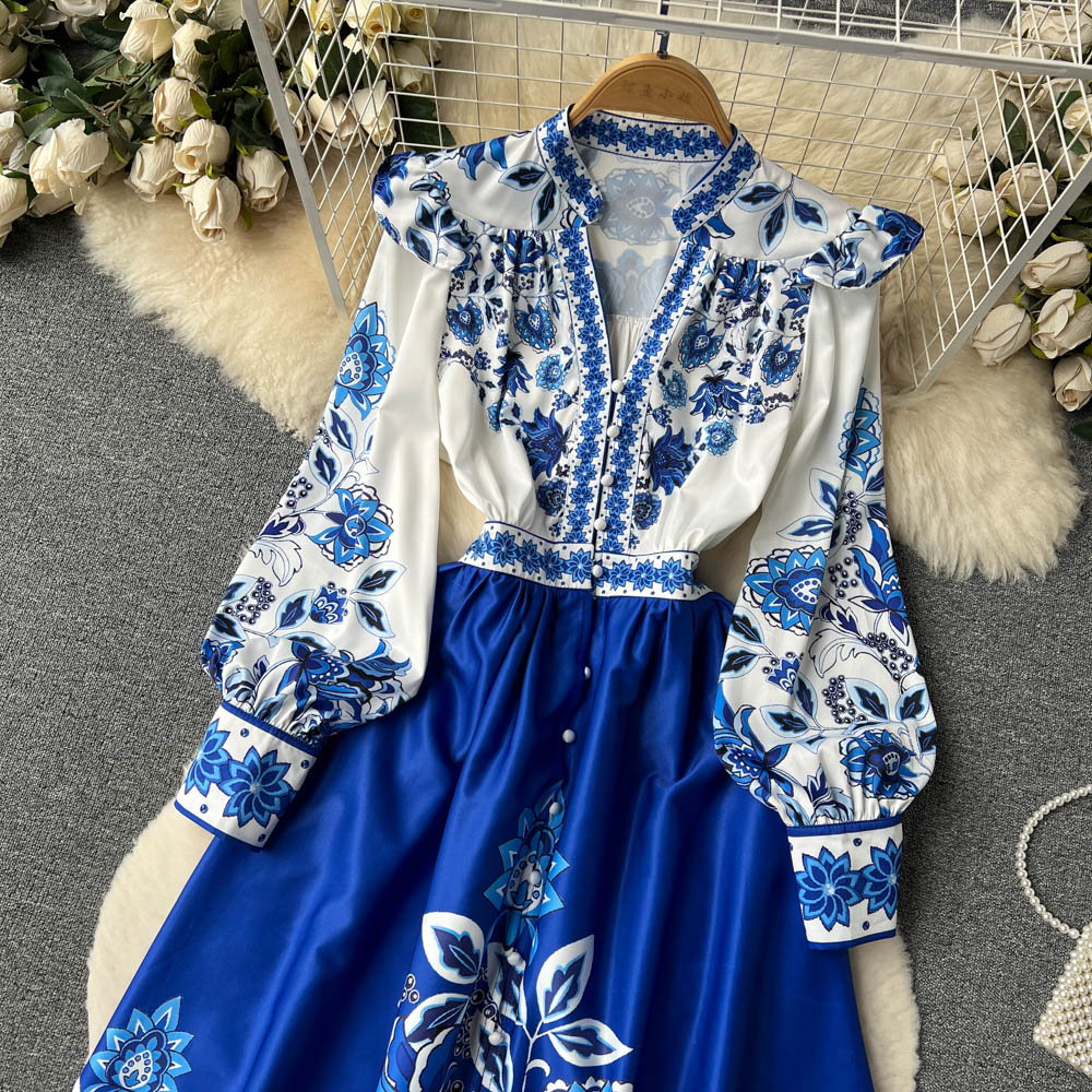 V-neck Puff Sleeve Printed Dress