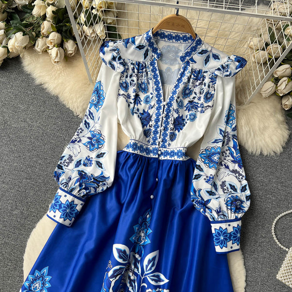 V-neck Puff Sleeve Printed Dress