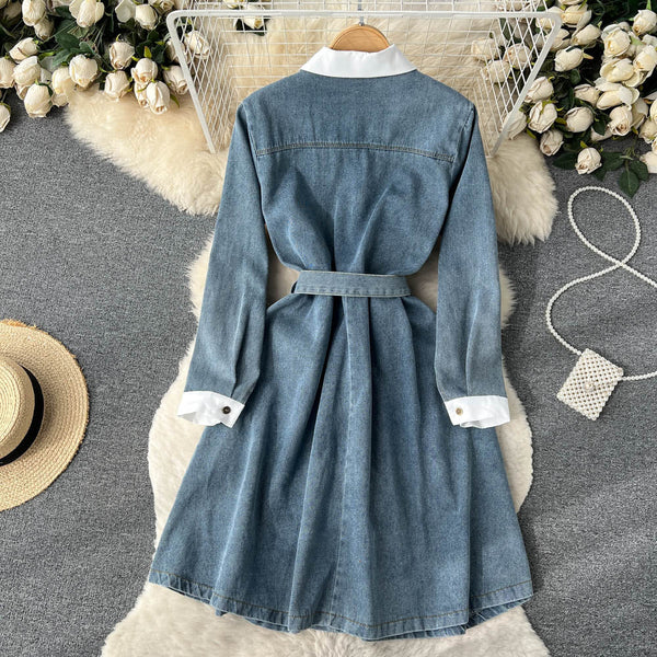 Patchwork Lapeled Denim Shirt Dress
