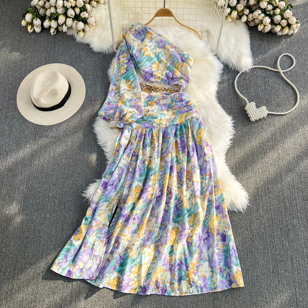 One-shoulder Slant Neckline Floral Dress
