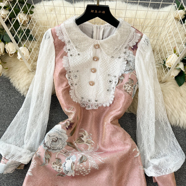 Courtly Lapeled Lace Floral Dress
