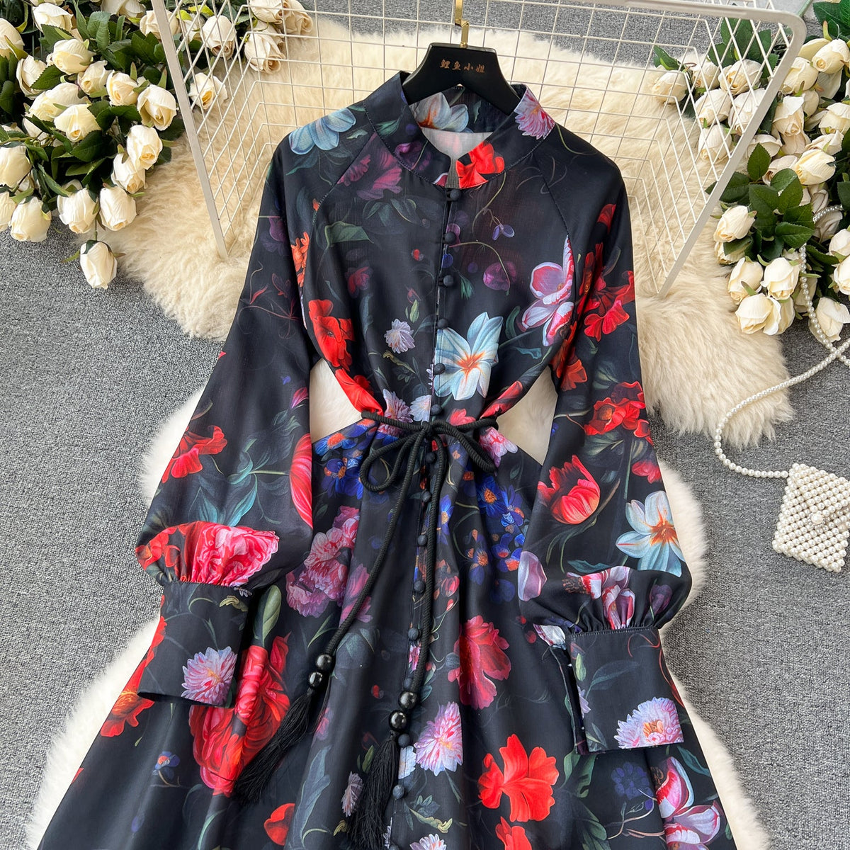 Floral Printed Single-breasted Shirt Dress