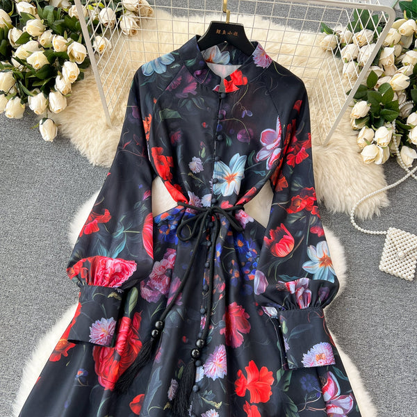 Floral Printed Single-breasted Shirt Dress