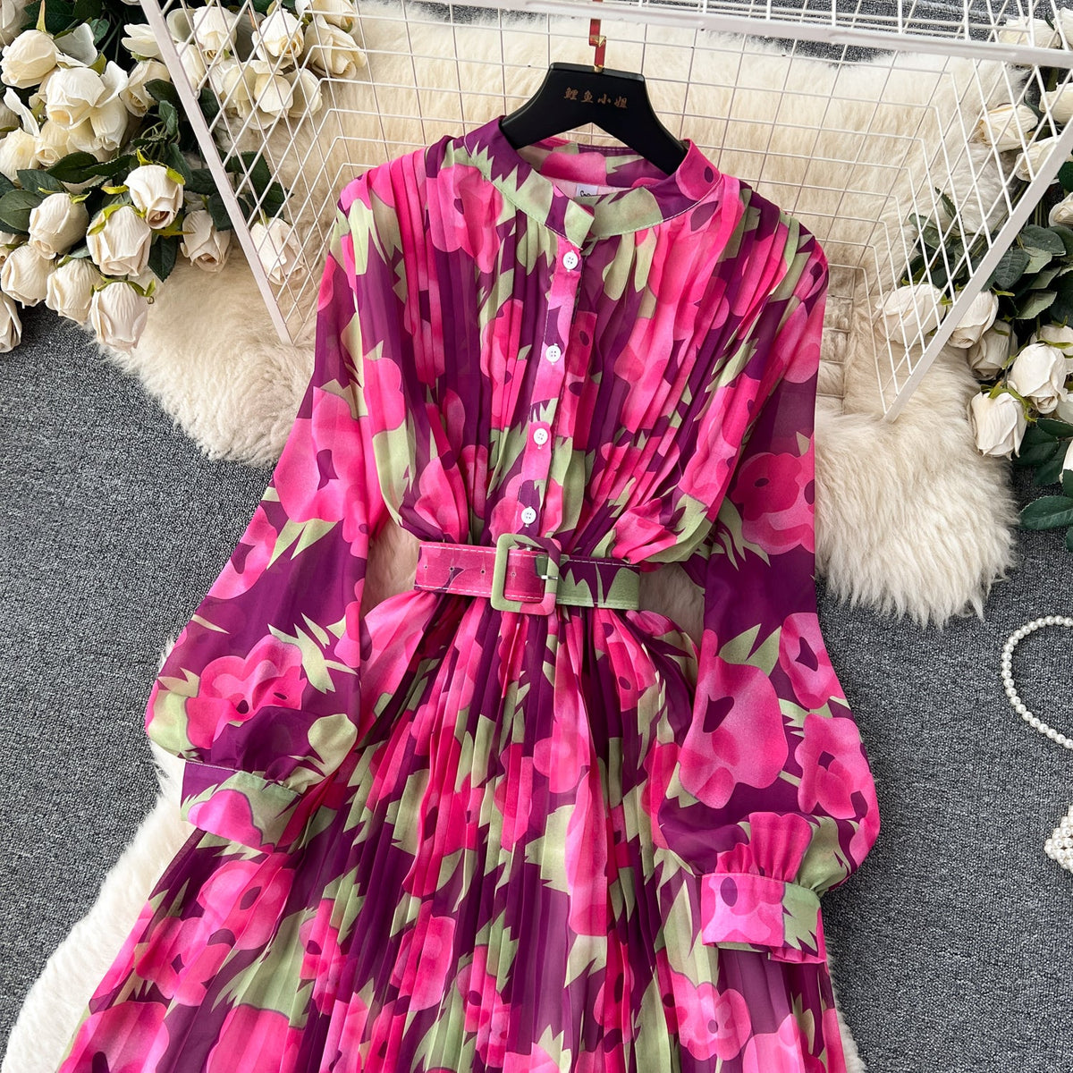 Pleated Floral Printed Shirt Dress