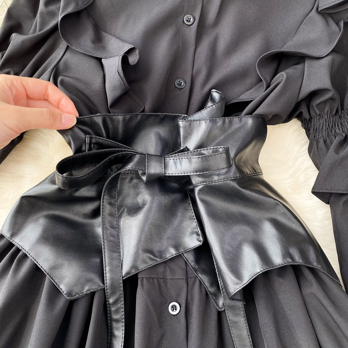 PU Girdle Ruffled Black Shirt Dress